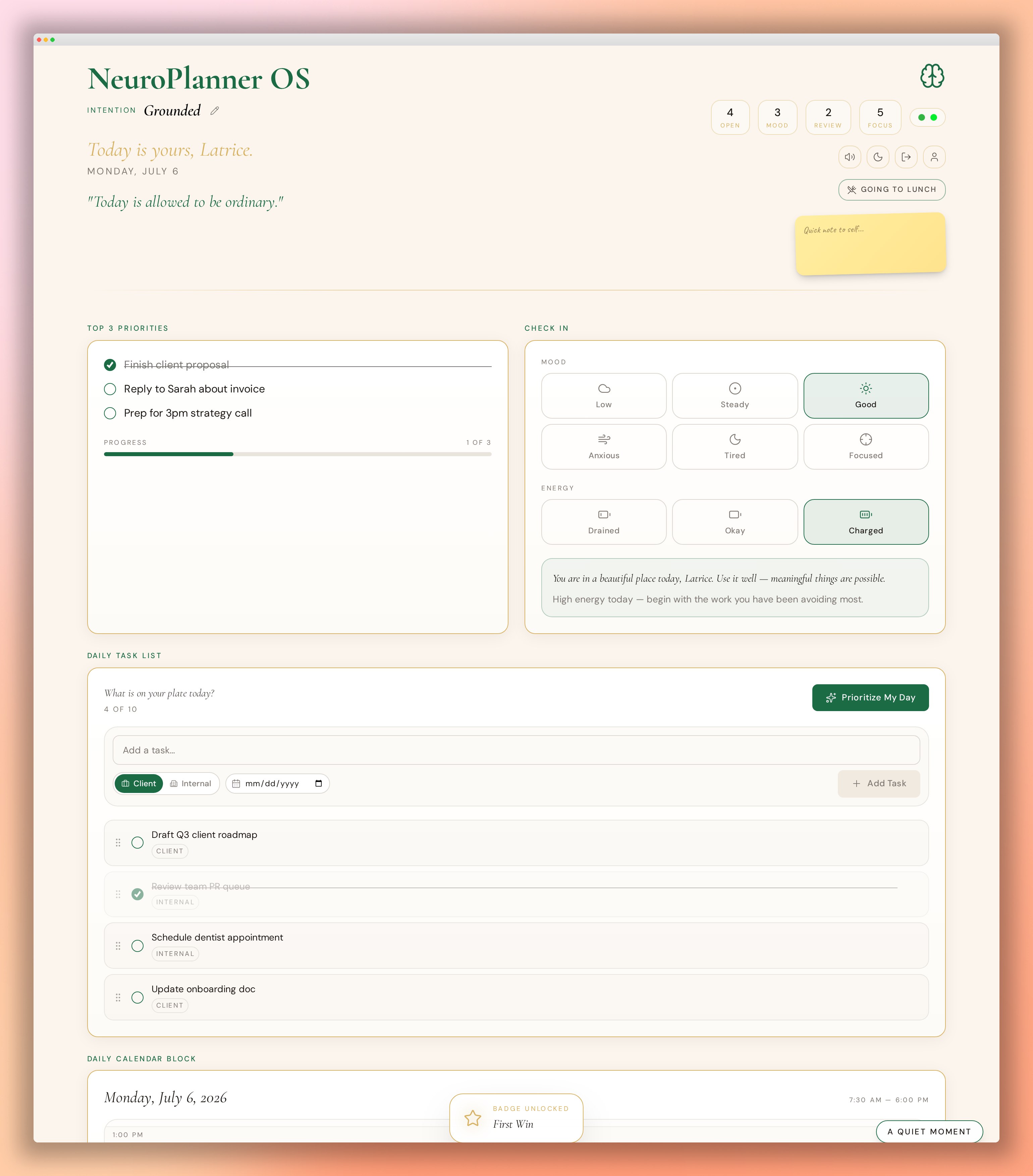 NeuroPlanner OS dashboard showing top 3 priorities, mood check-in, and daily intention